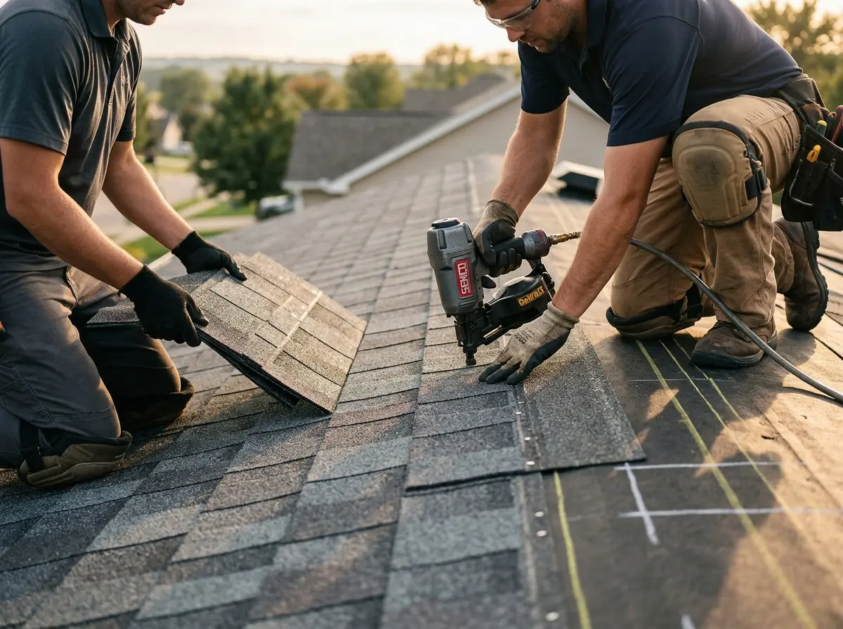 Professional roofer working on a residential roof in Cave Springs